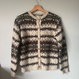 dressbarn Cream, Brown & Gray Patterned Wool Cardigan